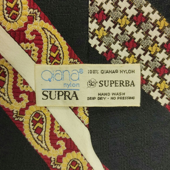 VTG Superba Qiana Nylon Black/Yellow/Red Paisley Geometric Tie - Picture 2 of 2